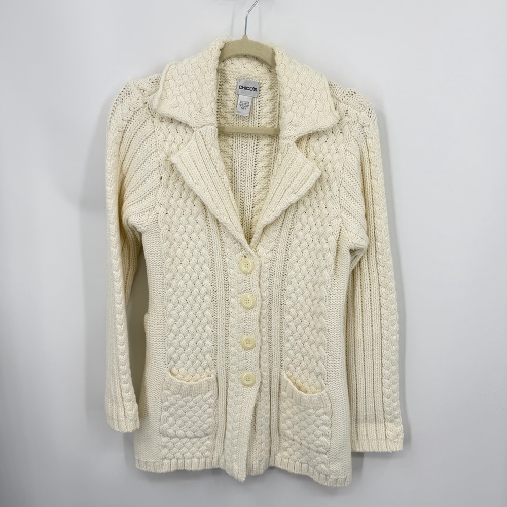 Chico’s cable knit button cardigan sz 0 XS cream white lapel